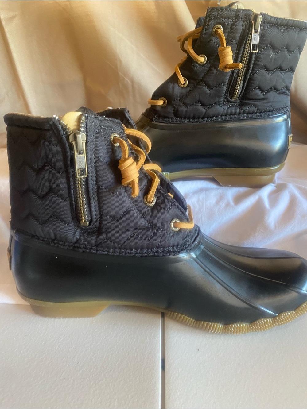Sperry Black Quilted Duck Boots with Tan Lace Accents